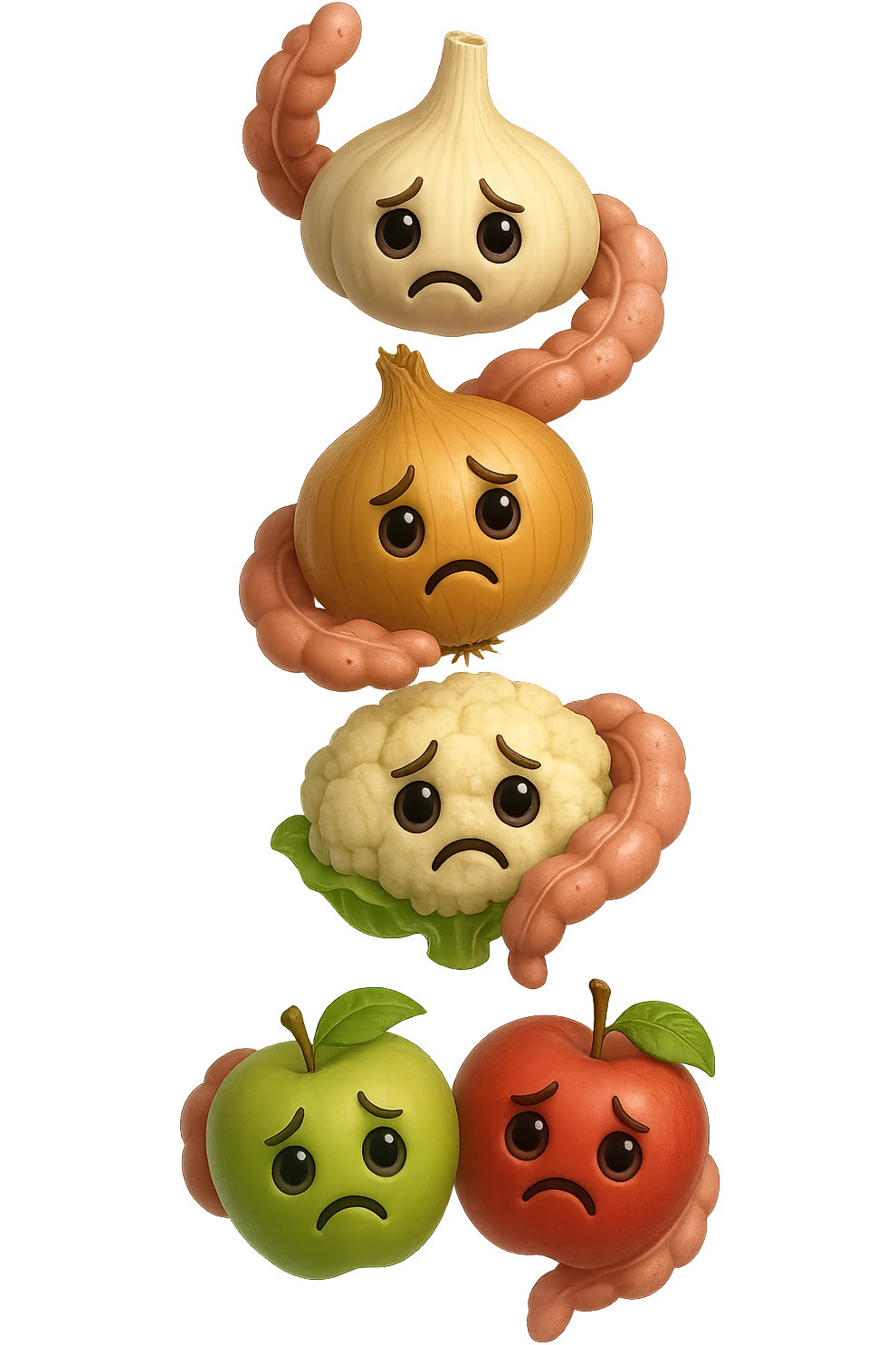 EMOJI STILE IPHONE DI aglio, cipolle, cavolfiore e mele che cadono verticalmente dall'alto con espressione triste con pezzi di colon avvolti intorno, IPERREALISTICO 4K emoji