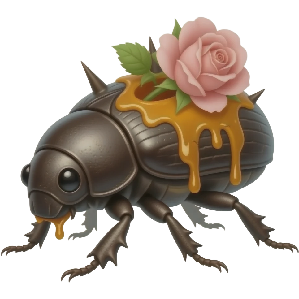 Saprawl A slow forest beetle crawler with sticky amber sap running through cracks in its bark-like body. it's made of bark but has one flowers blooming on its back, it has rose spikes and runs fast with all its limbs emoji