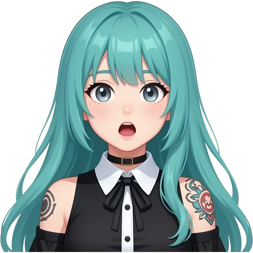 anime girl, shocked face, face tattoos, long flowing teal hair, grey eyes, black shoulder cyberpunk blouse with fancy white collar emoji