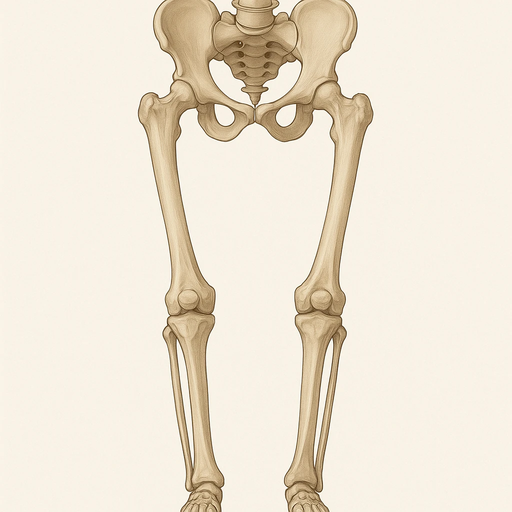 Create a clean medical style anatomical illustration, front view, showing genu varum (bow legs) with wide knees and close ankles. Highlight the pelvis bones, femur, tibia, and fibula with realistic proportions. Use a neutral background and no text or logos. The style should be inspired by the provided reference image, focusing on a clean and precise medical illustration look. emoji