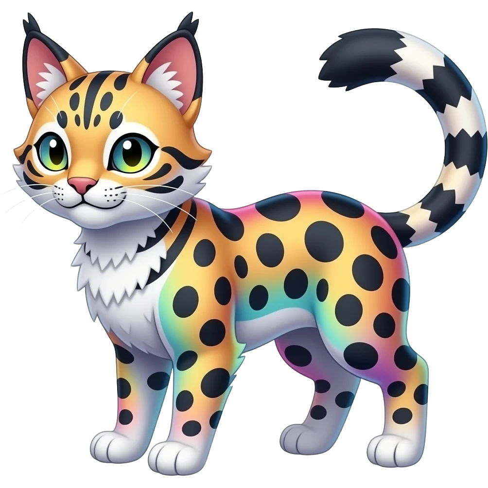 Colorful Iridescent Albino Melanistic Bobcat-Caracal-Leopard-Genet-Pokémon-Digimon-Fakémon-fusion-hybrid-creature emoji