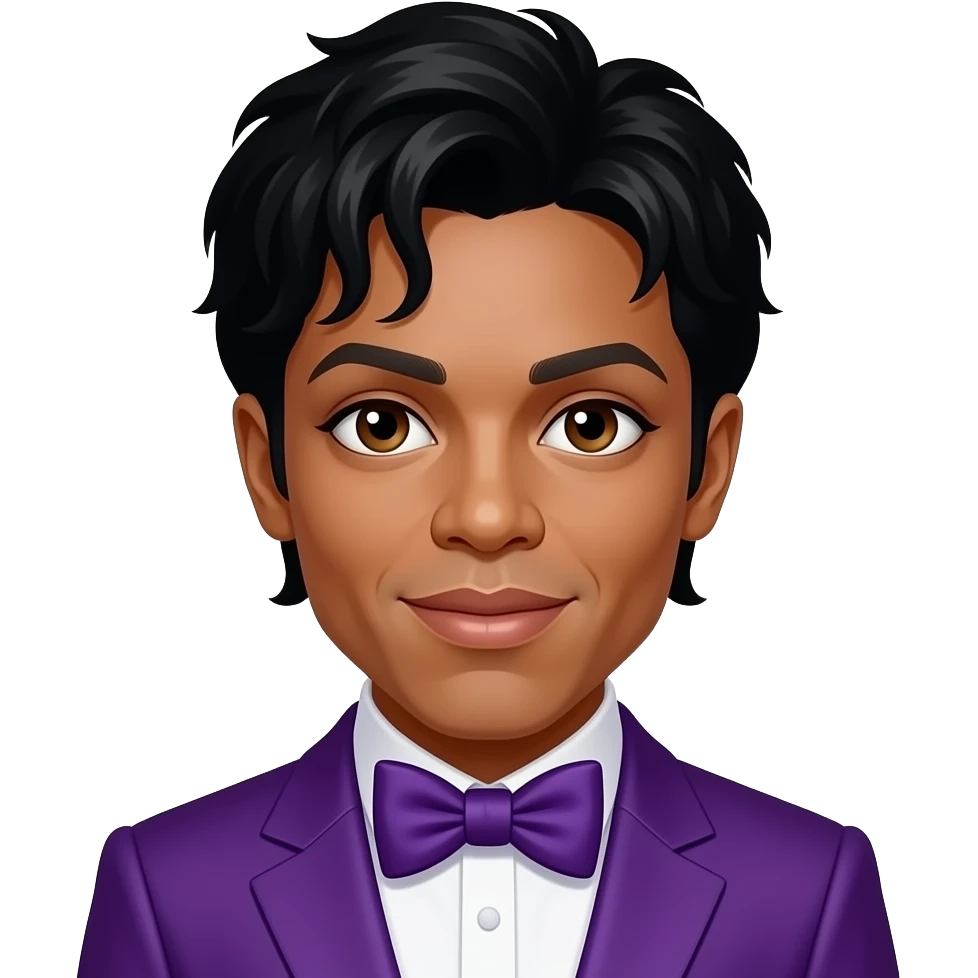 Prince Rogers Nelson with dark brown eyes, black hair, purple grammy suit with bow tie emoji