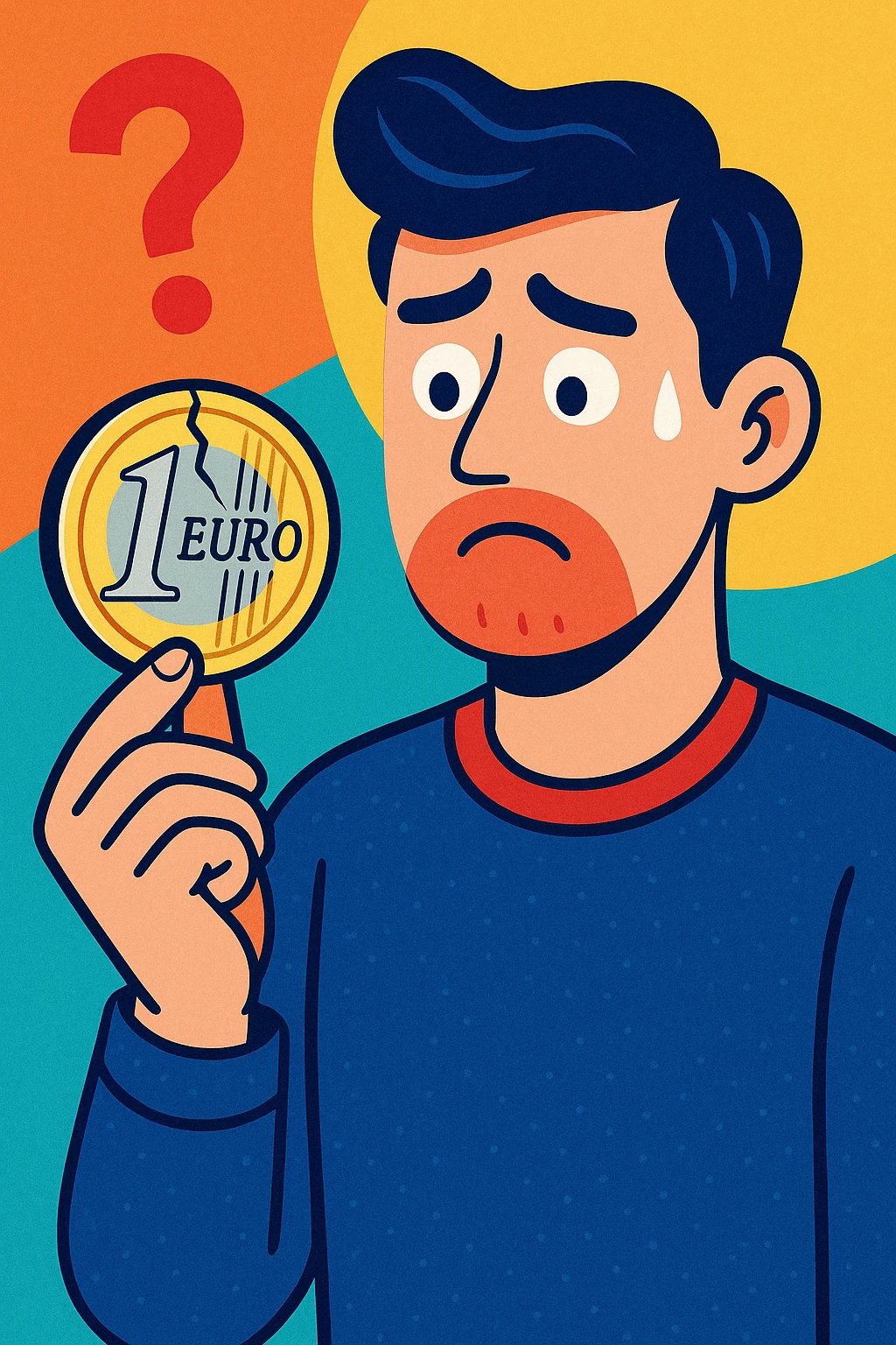 a modern man looking uncertain, holding a single euro coin with a small crack, representing average money habits, vibrant contemporary style emoji