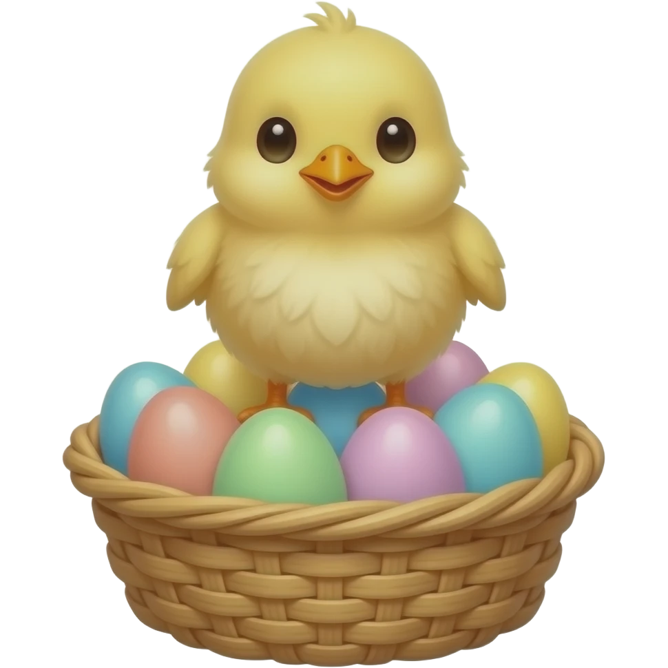 Yellow baby chic standing on basket full of pastel colored eggs emoji