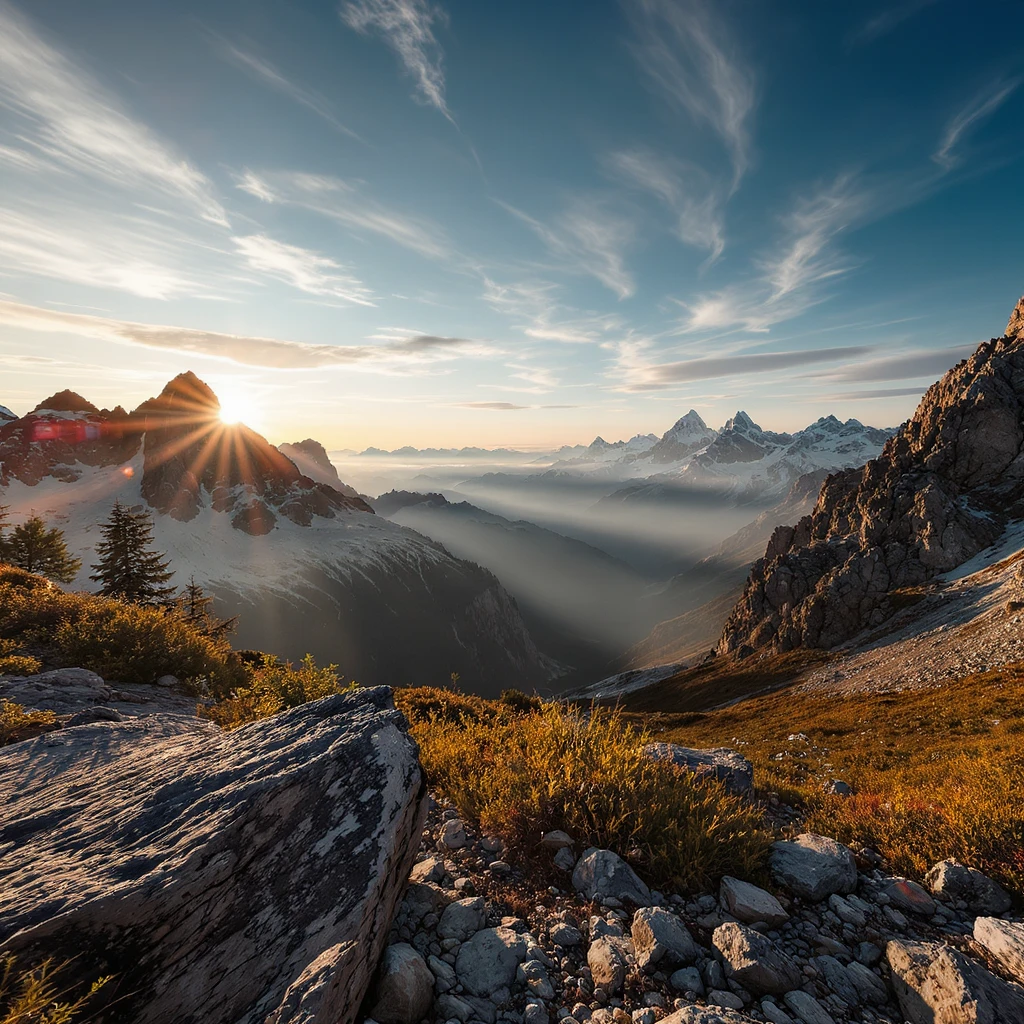 mountain landscape at sunrise, wide-angle photography style emoji