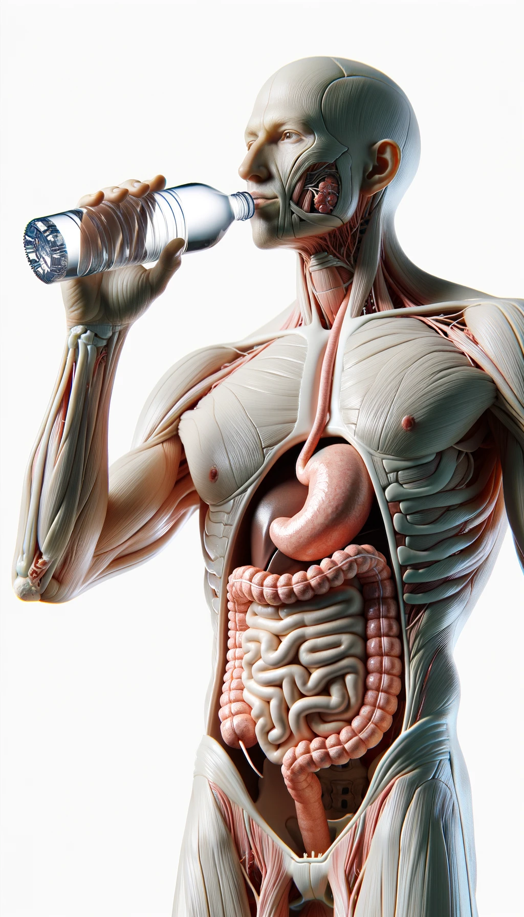 corpo umano anatomico con intestino in evidenza che beve una bottiglietta di acqua con espressione neutra in volto, iperrealistico 4k, isolato su sfondo bianco emoji