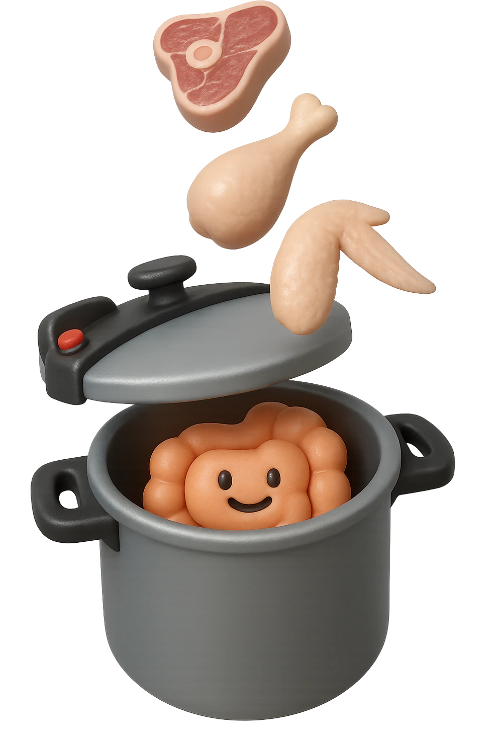 emoji stile iphone in 3d di una pentola a pressione dentro cui cadono agnello, pollo, tacchino crudi e un intestino umano felice da cuocere, iperrealistico 4k emoji