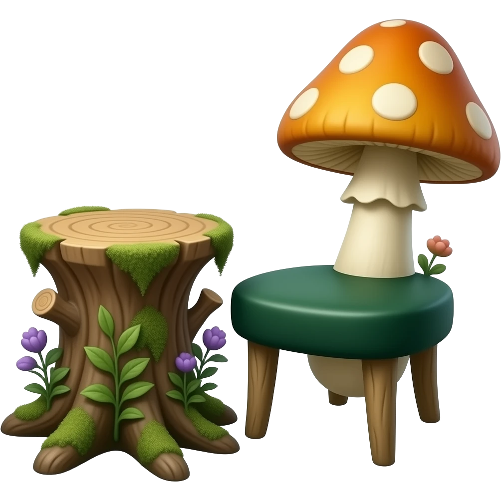 An enchanting mushroom chair in deep green, warm amber, and muted ivory beside a refined tree stump table with carved botanical details, organic curves, mossy textures, and subtle violet accents, rendered in a sophisticated botanical fantasy style. emoji