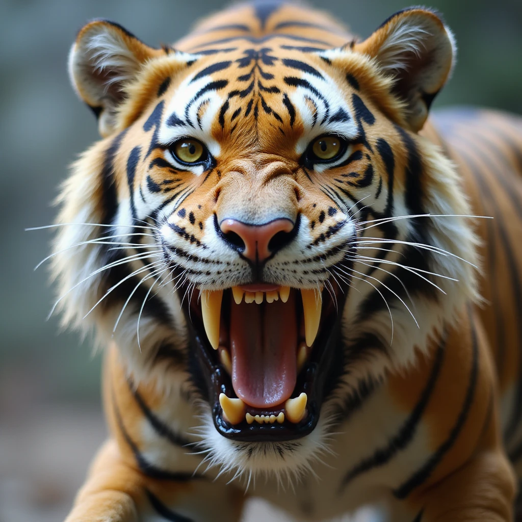 Smilodon sabretooth tiger, realistic style, fierce expression, large curved fangs, prehistoric animal emoji