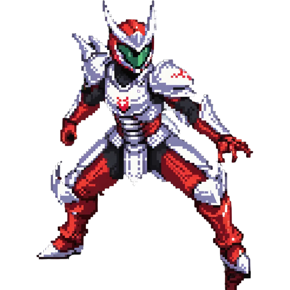 Kamen Rider Ryuki in full red and silver armor with black underlayers, silver dragon-themed helmet with sharp visor slits, intricate scale-like paneling, in a defensive yet ready pose, facing a lunging mirror monster emoji