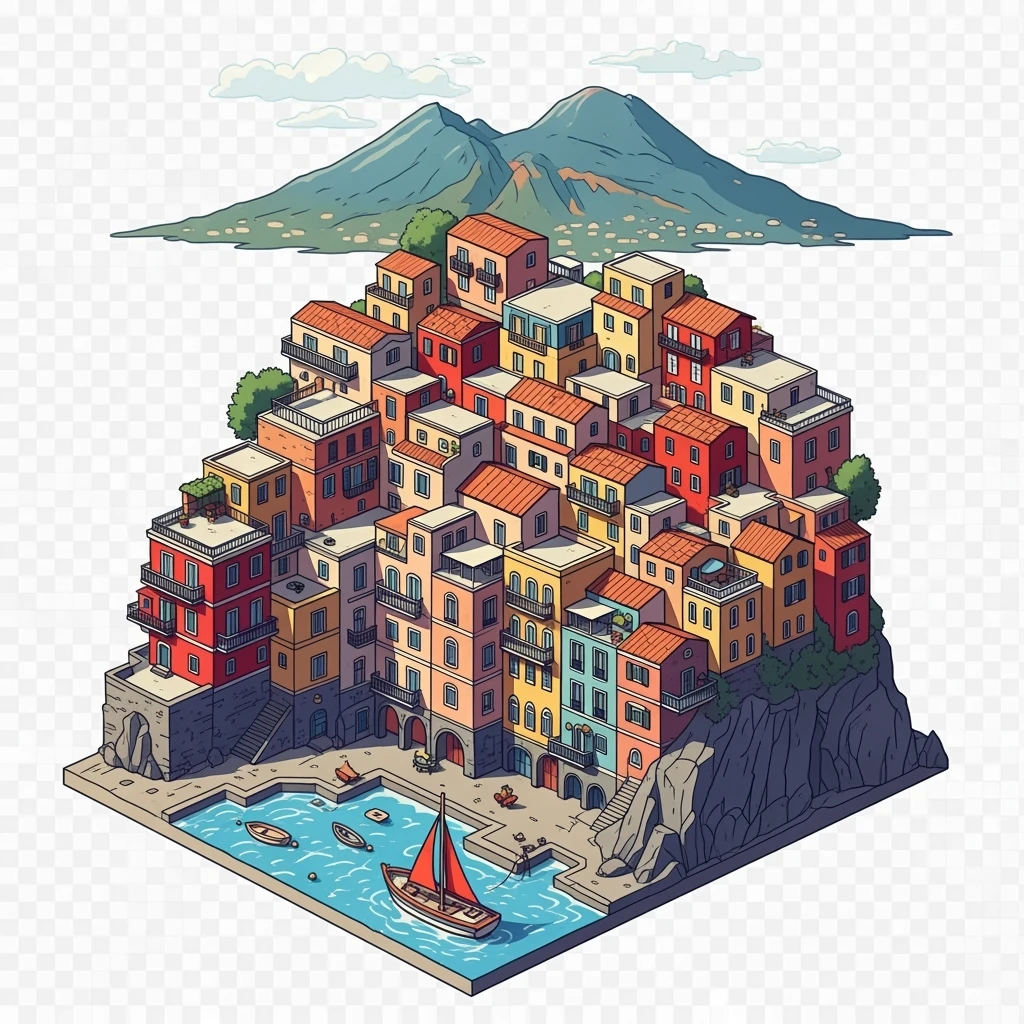 Isometric illustration of Naples, featuring colorful stacked coastal houses and Mount Vesuvius in the background, highly detailed in semi-realistic style with sharp outlines, balanced between stylized and realistic, 3D miniature effect, transparent background. emoji