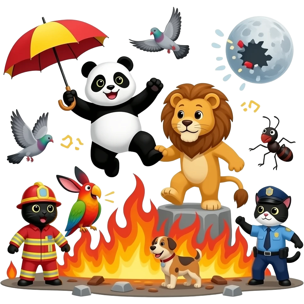 Panda esportista com guarda chuva pulando no leão construtor pra salvar o coelho negro que é um bombeiro no meio do incêndio com papagaios se engasgndo os pombos cantando o gato policial prendeu o cachorro inocente uma explosão atrás um monte de formigas dançando humanos sendo jogados pra lua emoji