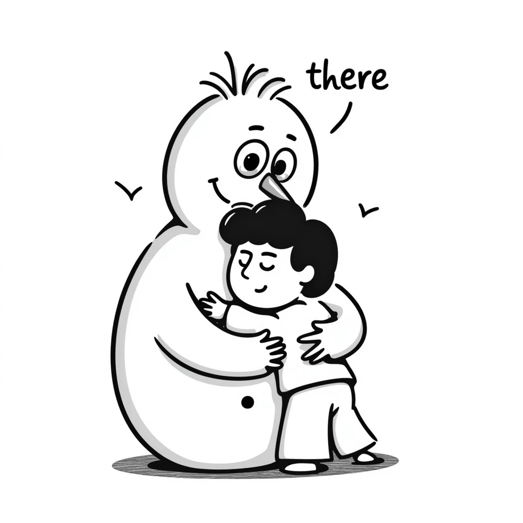 abominable snowman comforting a child, with the words 'there there', clear and expressive, hand drawn doodle style emoji