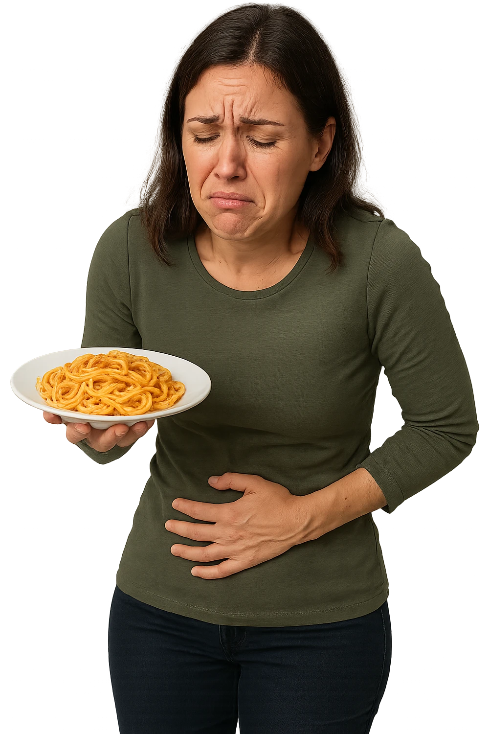 DONNA CON PIATTO DI PASTA IN MANO E MAL DI PANCIA, FA FATICA A DIGERIRE emoji