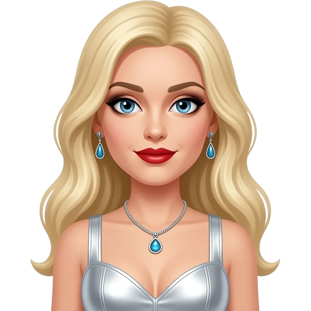 Madonna with blue eyes, long blonde hair, black eyeshadow, red lipstick, white metallic pop outfit, necklace and earrings emoji