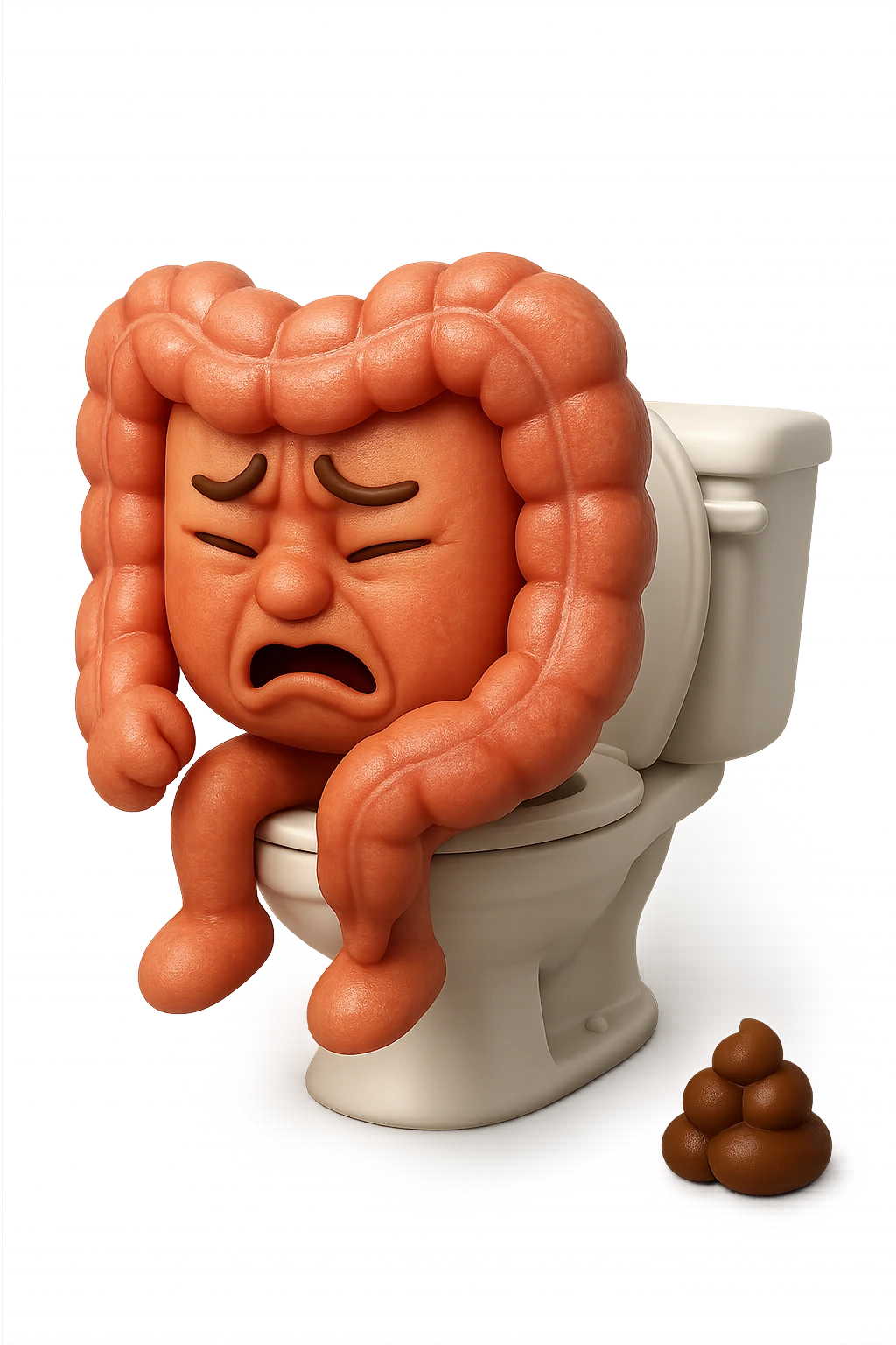 SU QUESTO STILE FAI UN EMOJI STILE IPHONE 3D DI UN INTESTINO CHE sta seduto sul wc e davanti ha una montagnetta di feci a palline stile emoji iphone, FAGLI UN ESPRESSIONE di dolore mentre si sforza E FALLO MOLTO REALISTICO IN 3D emoji