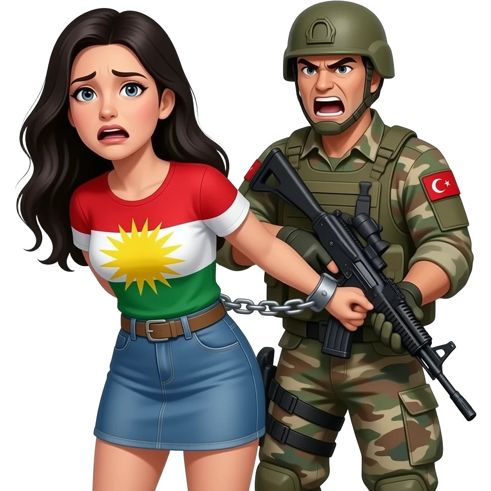 Kelepçeli siyah saçlı beyaz tenli ve mini etekli Kürdistan bayrağı giyen korkmuş bir kadın ve arkasında onu kelepçeleyen azgın bir  Türk asker emoji