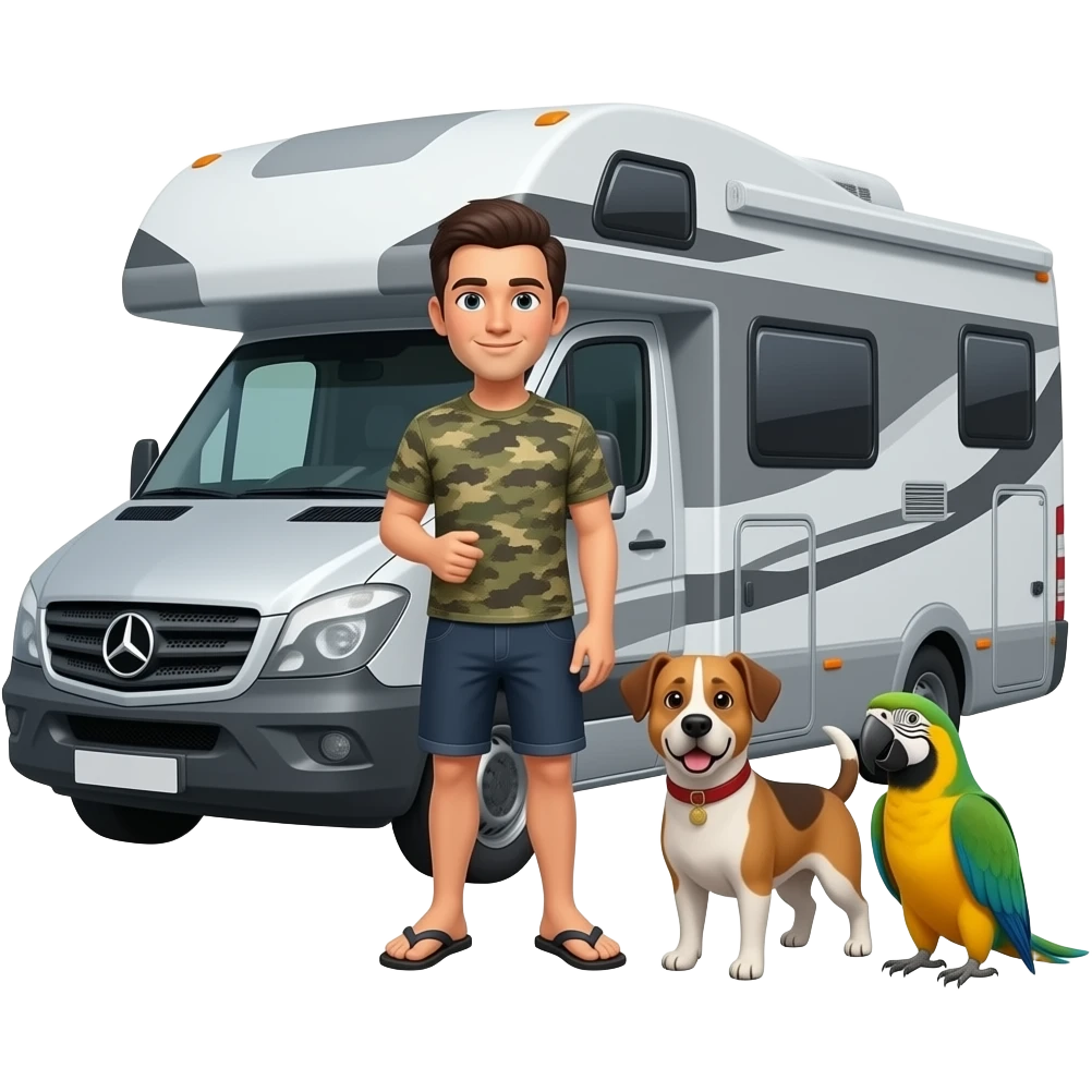 Slim military cut dark haired man in shorts and flip flops standing next to a grey Mercedes road style rv with a dog and parrot emoji emoji