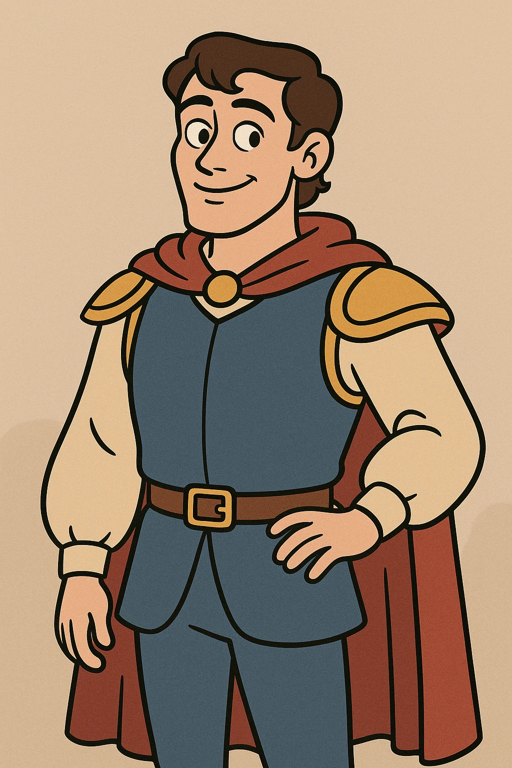 the prince from Snow White, Disney-inspired, blue and gold outfit, gentle smile emoji