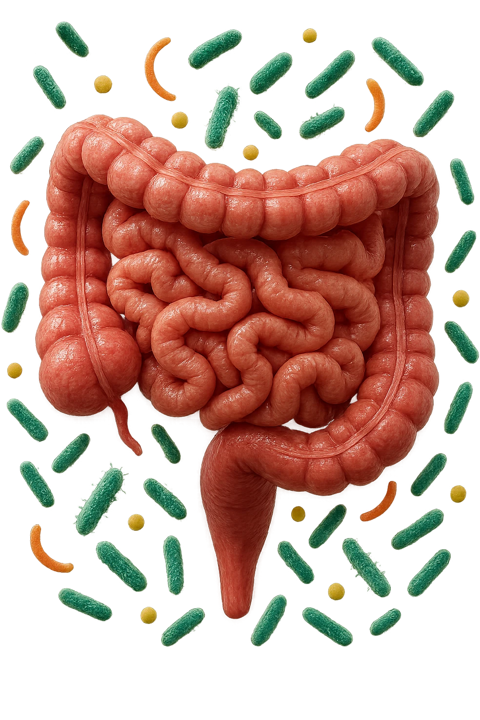INTESTINO ANATOMICO REALISTICO CON BATTERI INTESTINALI CHE FLUTTUANO INTORNO, IPERREALISTICA 4K emoji