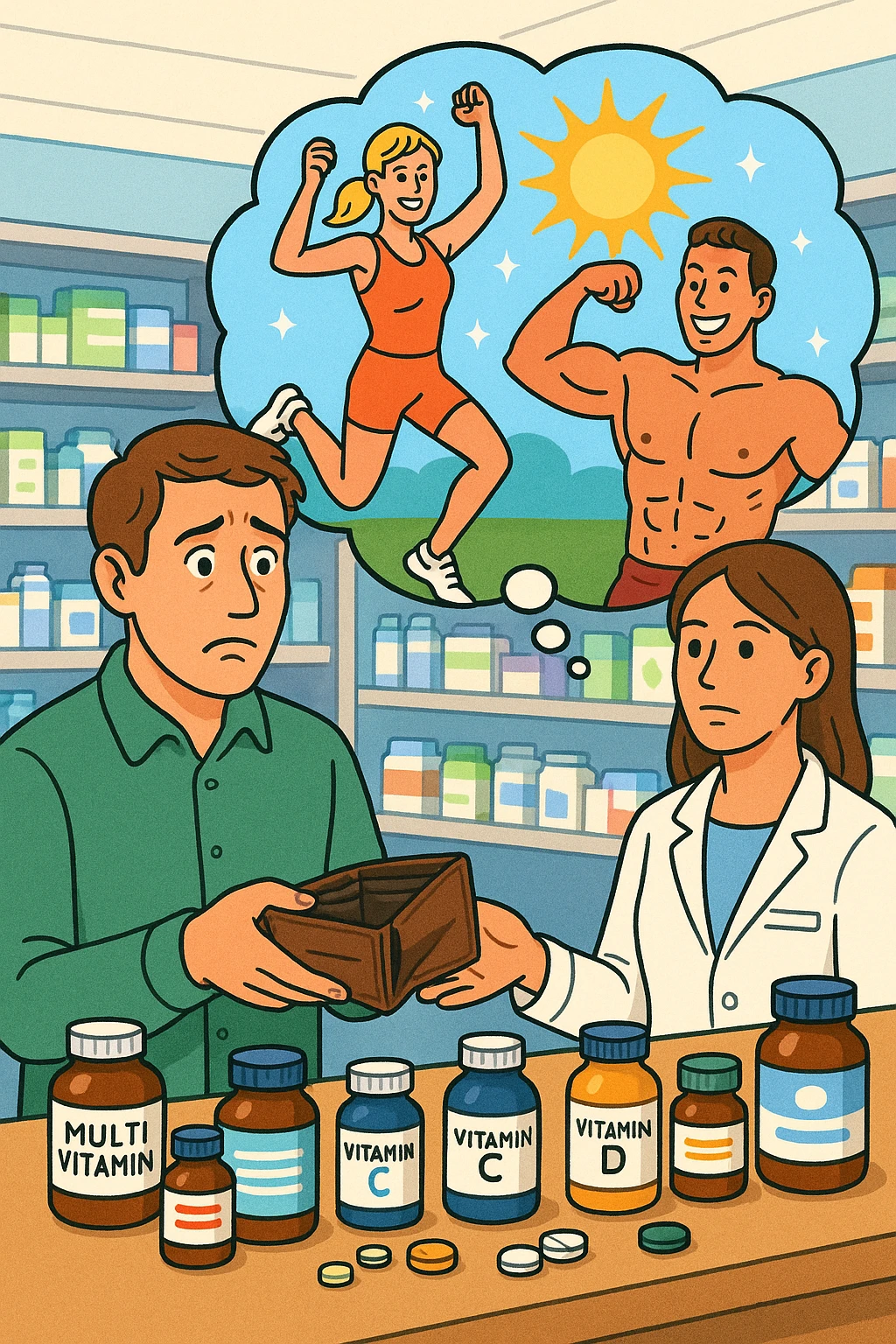 a man stands at a pharmacy counter, handing over a nearly empty wallet to the cashier while the counter is filled with bottles of supplements and vitamins. His expression is hopeful but slightly anxious. In the background, a thought bubble shows exaggerated images of instant health and fitness, symbolizing unrealistic expectations.  emoji