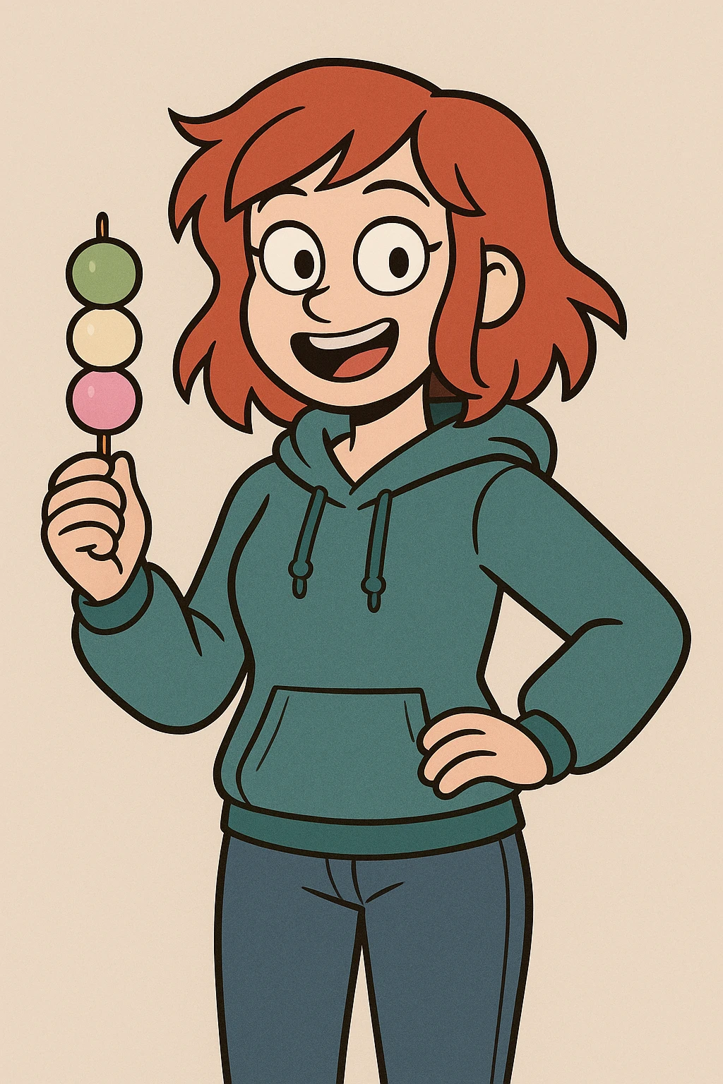 A girl red hair teal women's hoodie blue jeans Dango holding  emoji