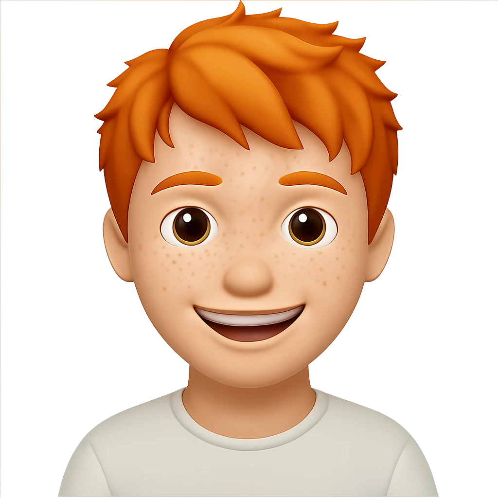 Make the strawberry blond boy with ginger freckles smile wider. The original style is a transparent background image, please keep the transparent background and the style consistent. emoji