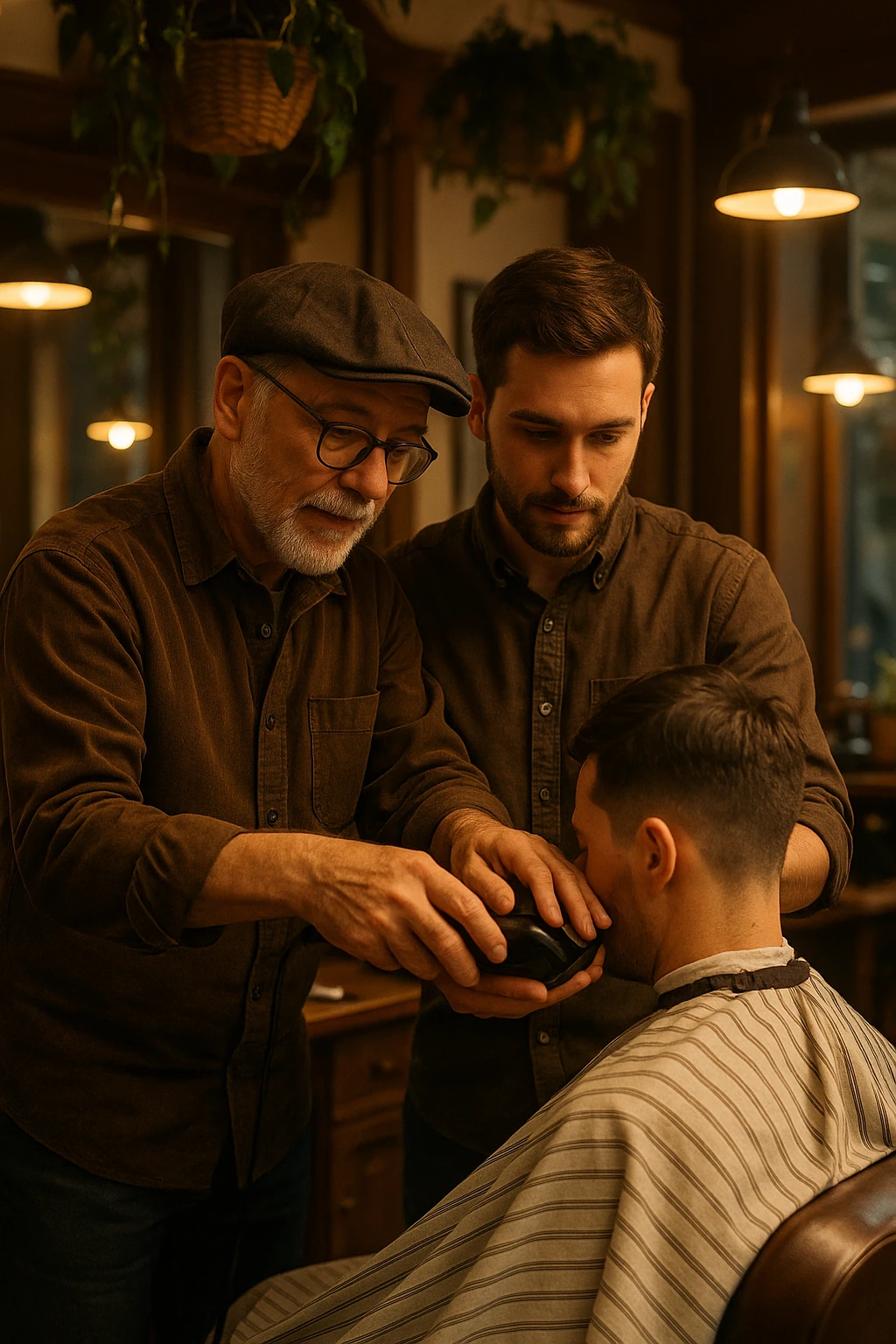 Inside a cozy barbershop with soft lighting, an experienced barber gently teaches his apprentice, guiding his hands as they cut hair together. The room is filled with warmth, plants hanging from the ceiling, and the hum of clippers emoji