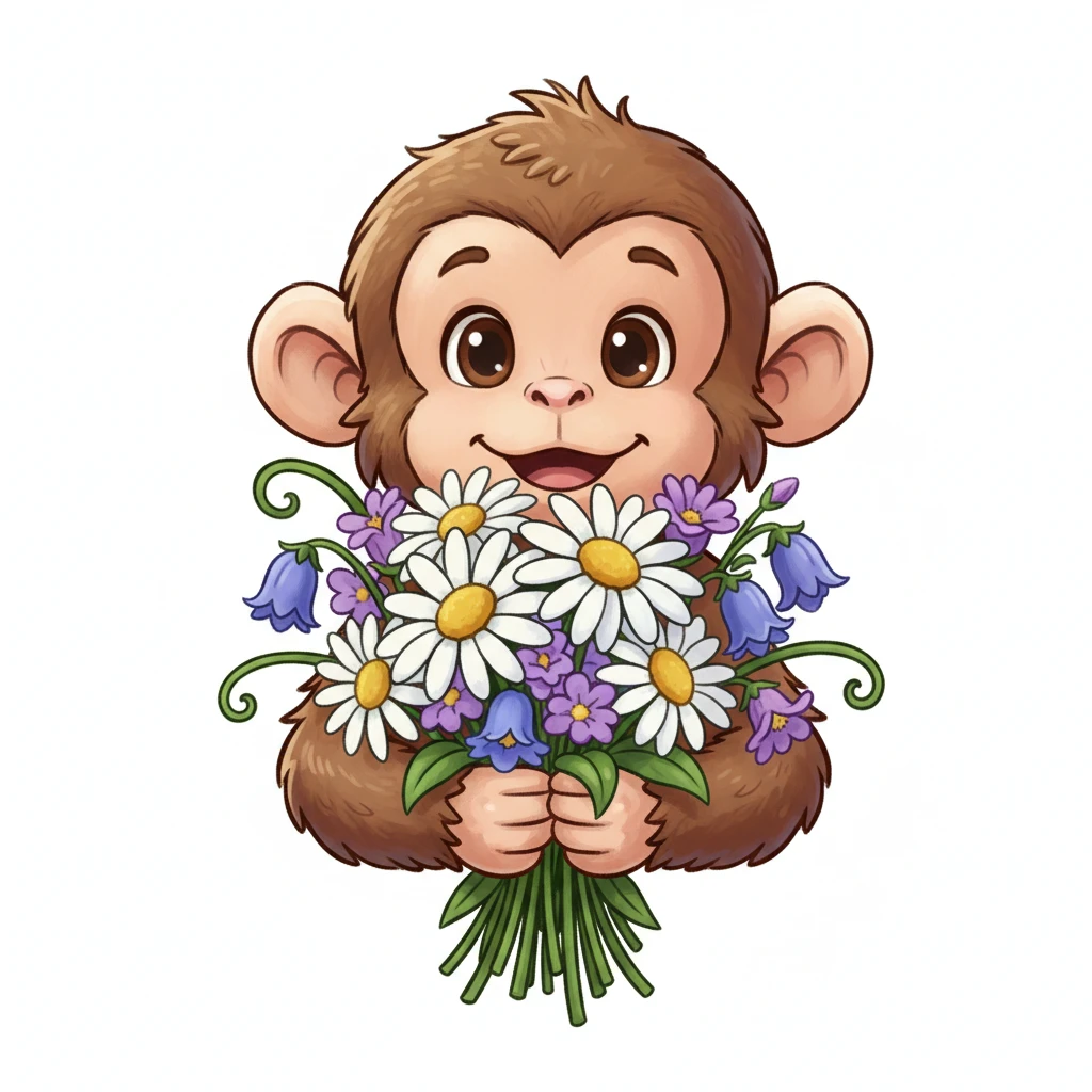 monkey with flowers, front view,  Frontal Top-Down Soft Light, white background, portrait, casual cartoon stylized game mobile emoji