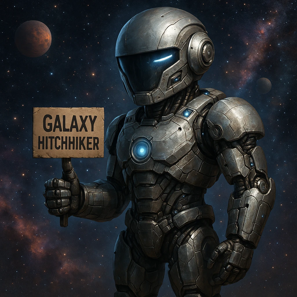 A robot hitchhiking across the galaxy, holding a sign that says 'Galaxy Hitchhiker', realistic and detailed, sci-fi style emoji