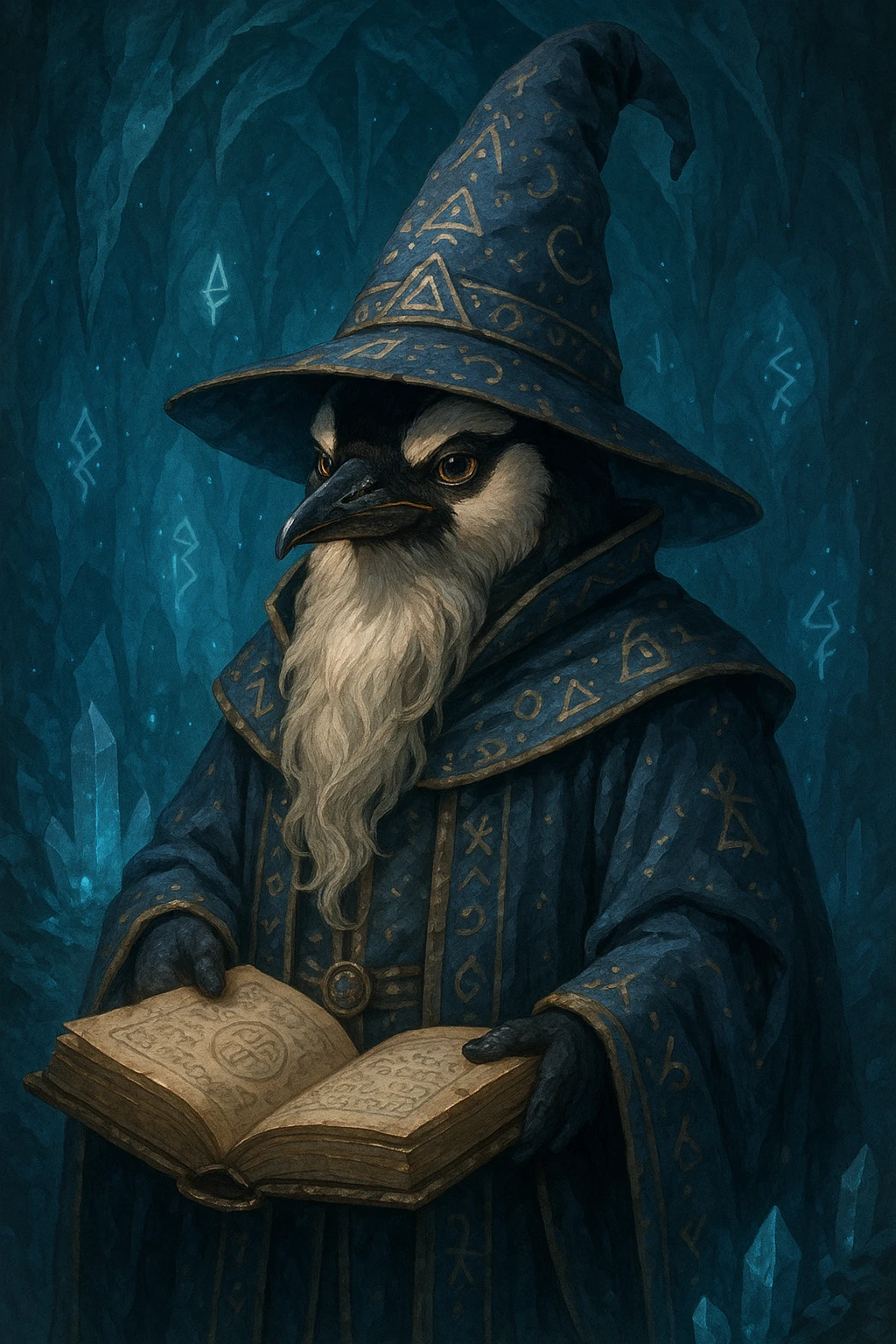 a wise penguin wizard with a long beard, holding an ancient book, in a detailed fantasy style emoji