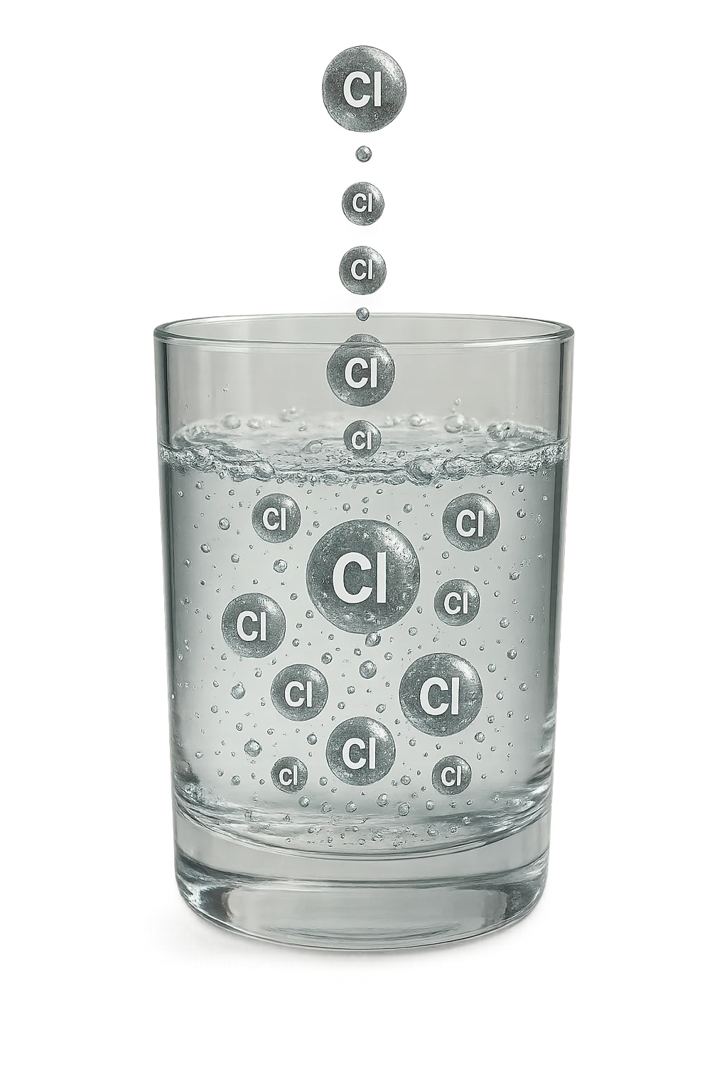 un bicchiere di acqua realistico e dettagliato fluttua in aria, dentro l'acqua del bicchiere ci sono particelle di cloro ben visibili con la scritta "Cl" sopra, ci sono particelle anche che escono dal bicchiere e fluttuano in aria verticalmente, mentre alcune sono all'interno dell'acqua nel bicchiere, iperrealistico 4k emoji