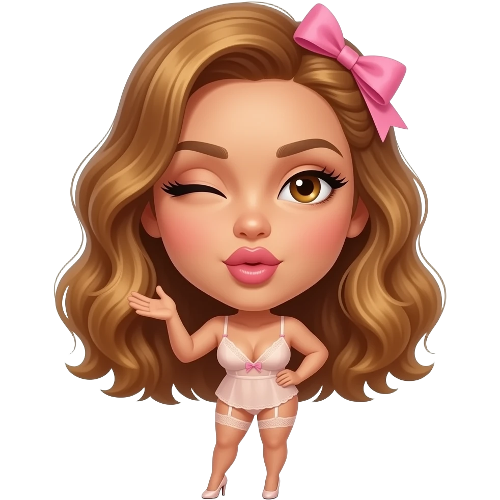 glamours,-tanned,-very-beautiful-woman-with-big-plump-rose-beige-lips,-long-lashes,-honey-silky-very short- hair,-wavy-hair,-with pink bow in hair -hazel-eyes-wearing-nude-lace-lingerie-nude-stilettos-Looks-sexy-winking-blowing-kiss-from-hand-full-body emoji