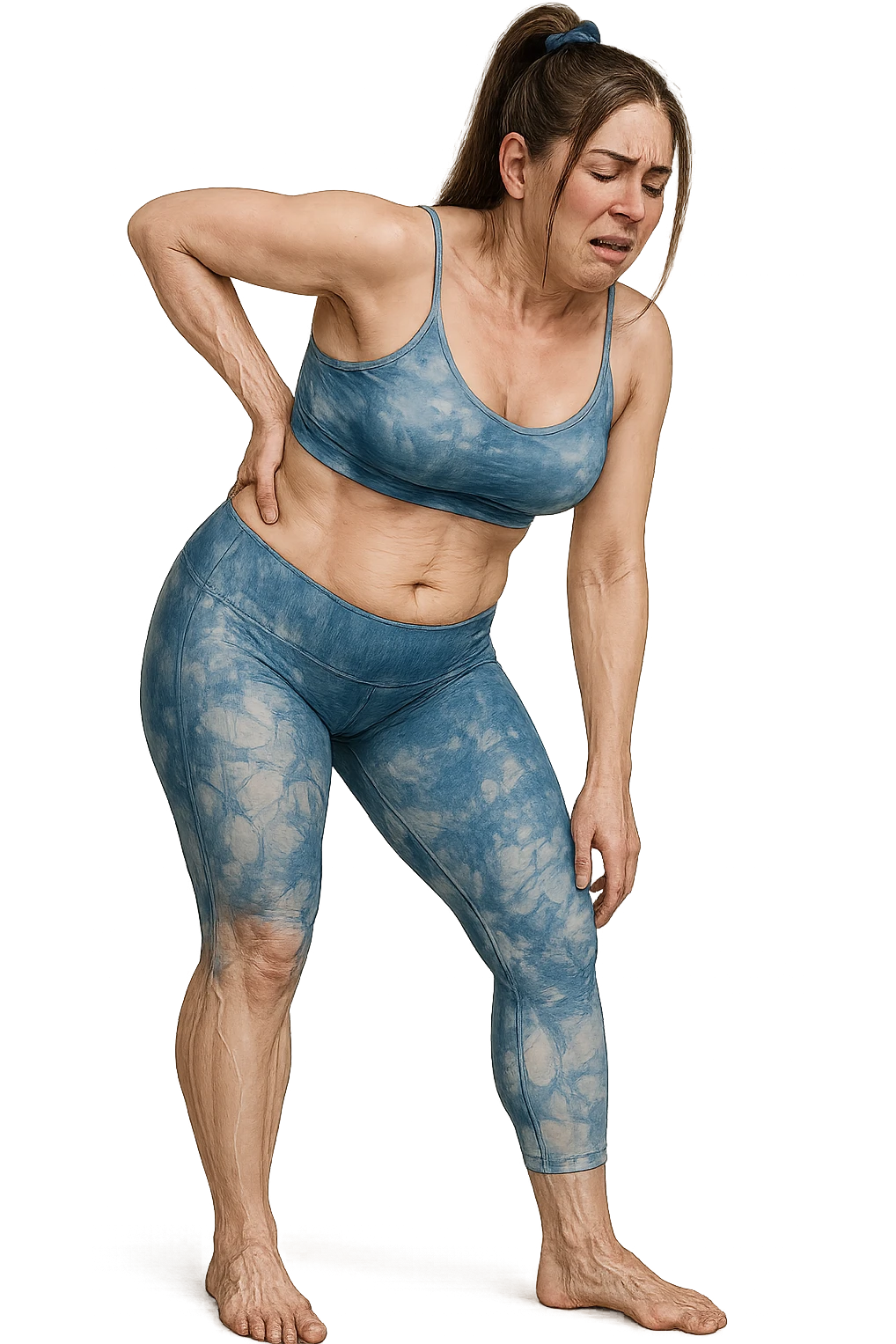 a woman in her 30s  holding her lower back with a pained expression. Subtle visual cues, like uneven shoulders or hips, hint at postural asymmetry. symbolizing chronic pain over the years. vista anatomicamente emoji