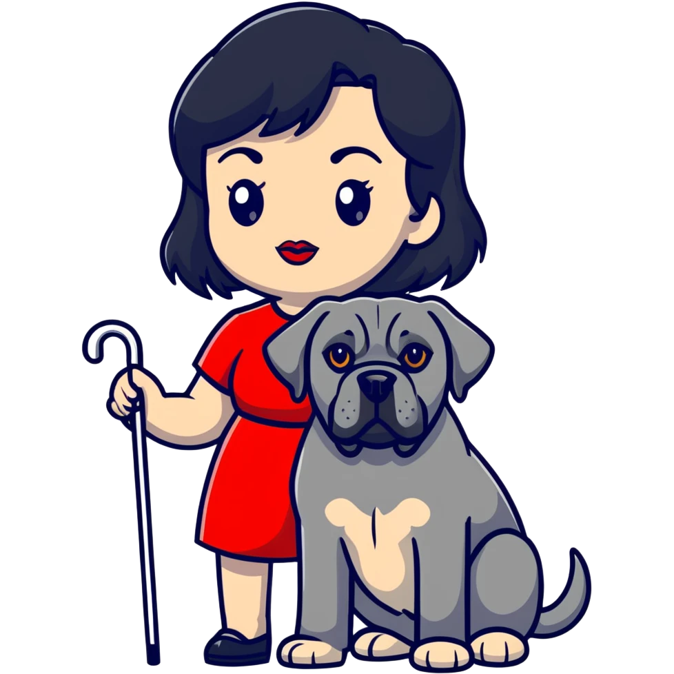 fashionable woman with red lips and black hair with a Cane Corso dog emoji