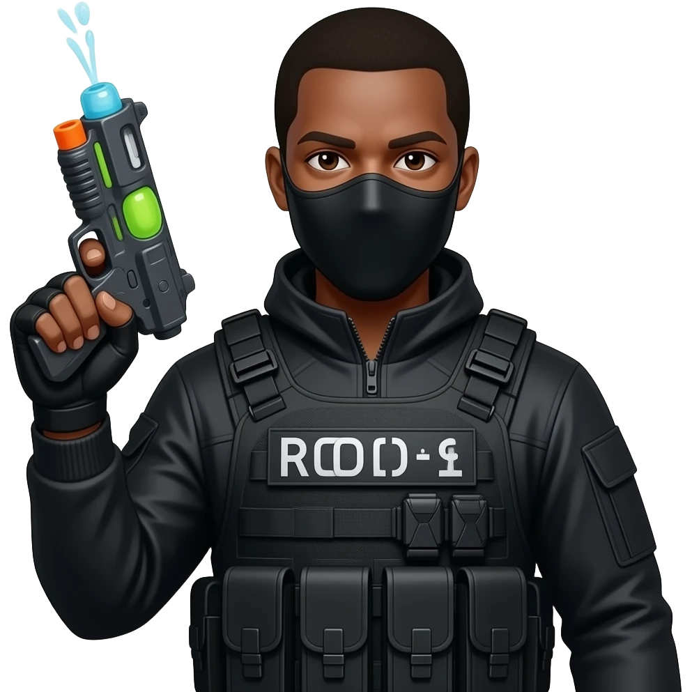 Make him appear to be African-American in all black, but make him holding a water gun ski mask emoji