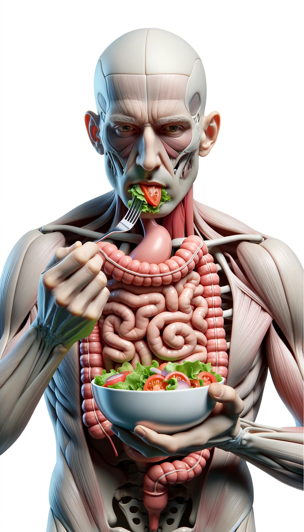 corpo umano anatomico con intestino in evidenza mentre mangia un'insalata con espressione neutra in volto, iperrealistico 4k, isolato su sfondo bianco emoji