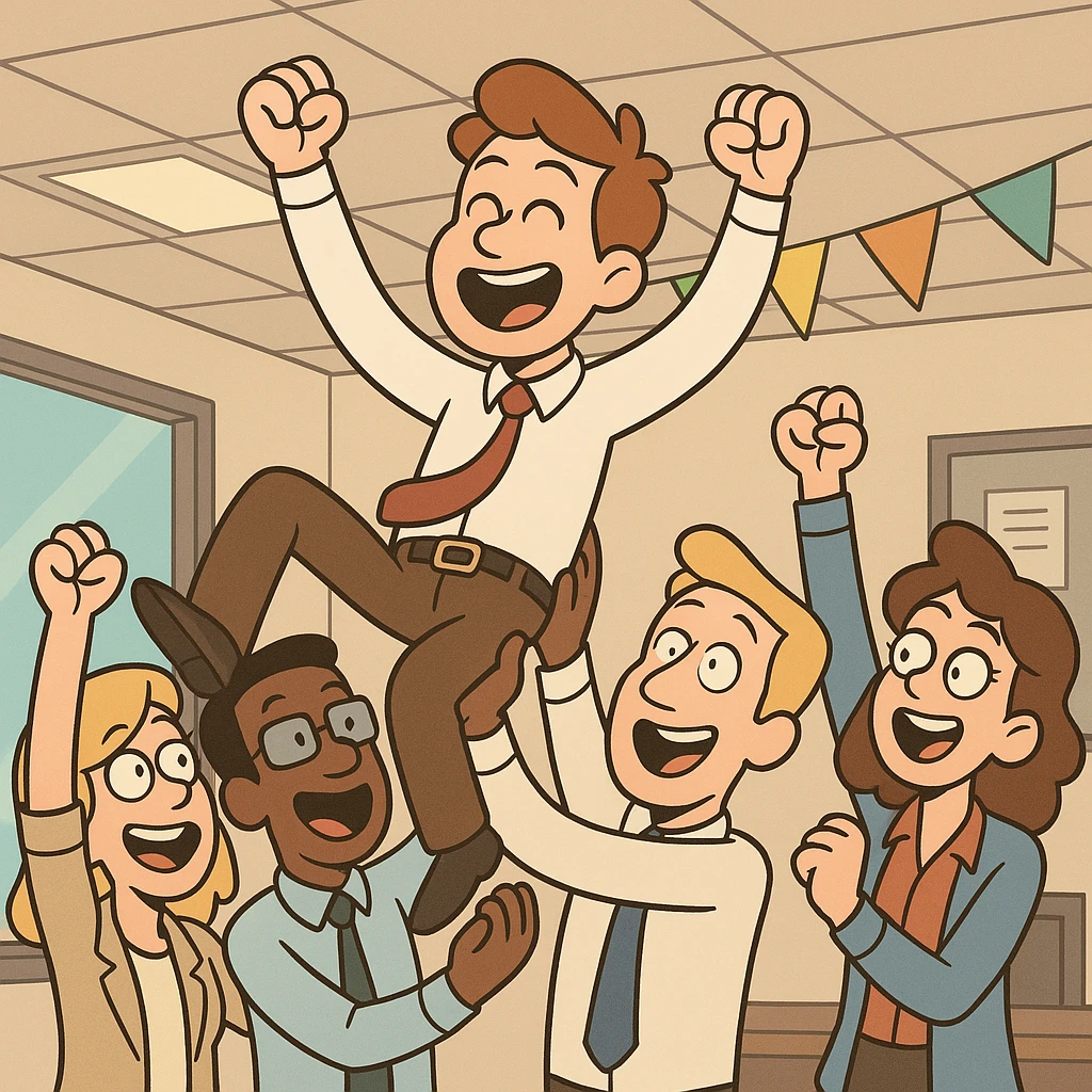 cartoonish scene of a junior sales official in office clothes being lifted up by a group of cheering coworkers, all in office attire, celebrating his achievement as a great worker, joyful and colorful office celebration emoji