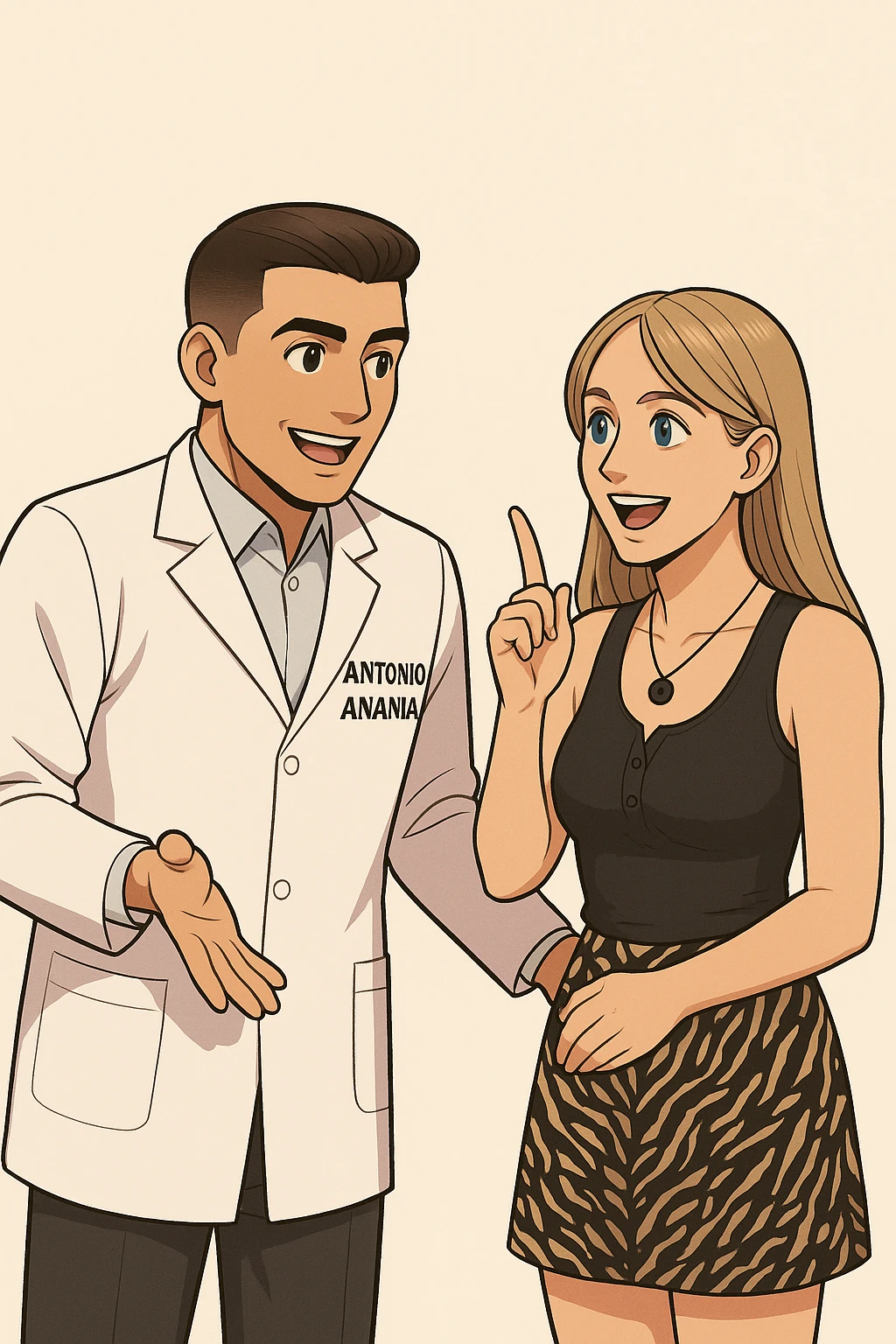 fai un webtoon/manga a colori con questo kinesiologo in camice bianco (fagli la scritta "ANTONIO ANANIA" SUL CAMICE) CHE PARLA CON QUESTA RAGAZZA CON GLI OCCHI AZZURRI. la ragazza lo guarda entusiasta con un indice alzato, IL KINESIOLOGO ha un espressione felice e la aspetta a braccia aperte. NON FARE I FUMETTI, FAI SOLO LORO COME SE DIALOGASSERO emoji