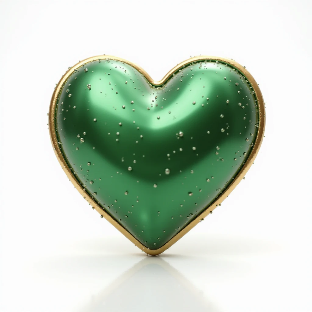photorealistic green heart with sparkles and gold outline, subtle reflection, white clean background emoji