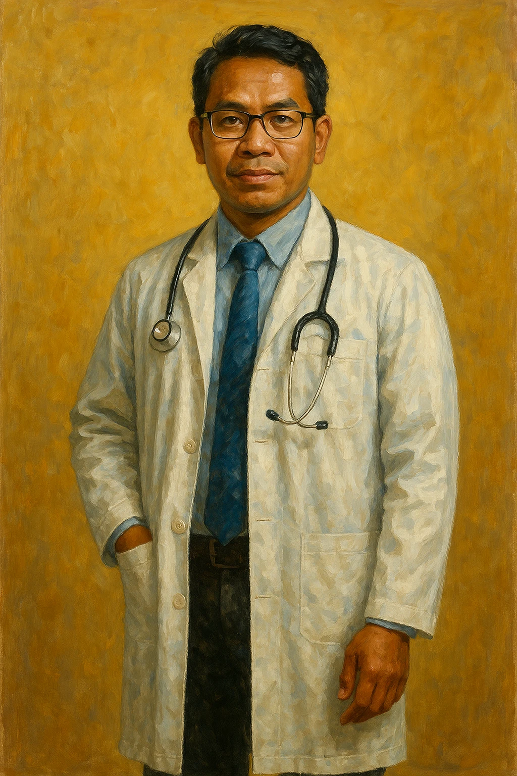 Сгенерируй мне в стиле реалистичной, яркой живописи врача внешности индонезиата, азиата. На однородном фоне. В полный рост emoji