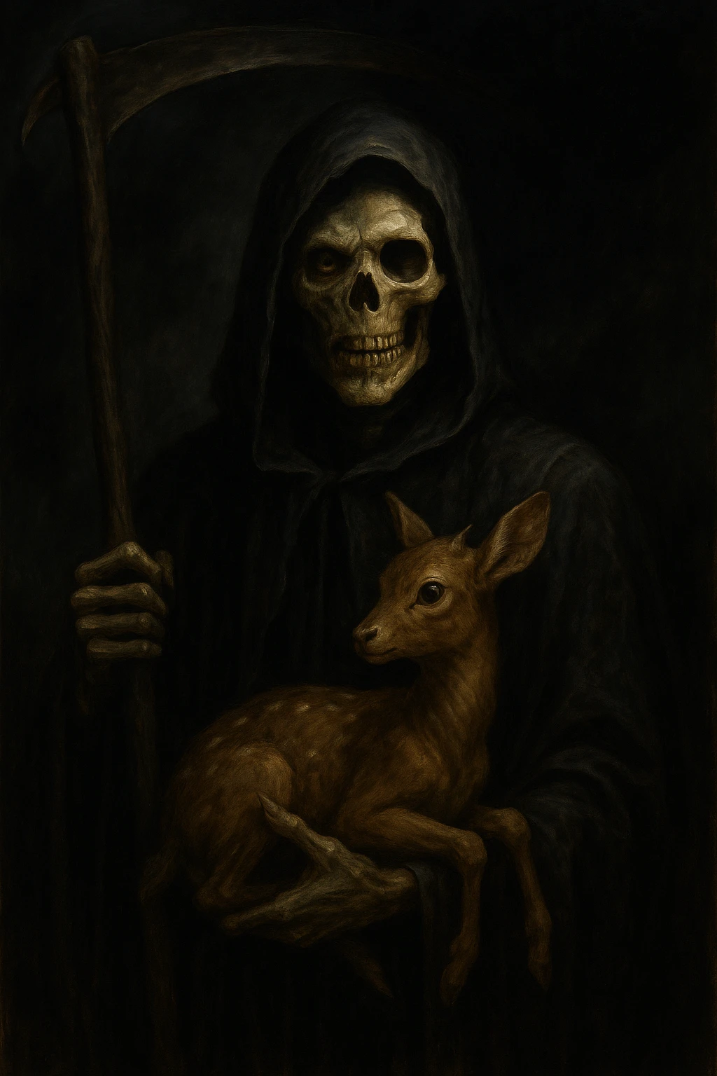 The grim reaper with a faun in his left hand, face split between skeleton and zombie, dark and mysterious atmosphere, dramatic and eerie style. emoji