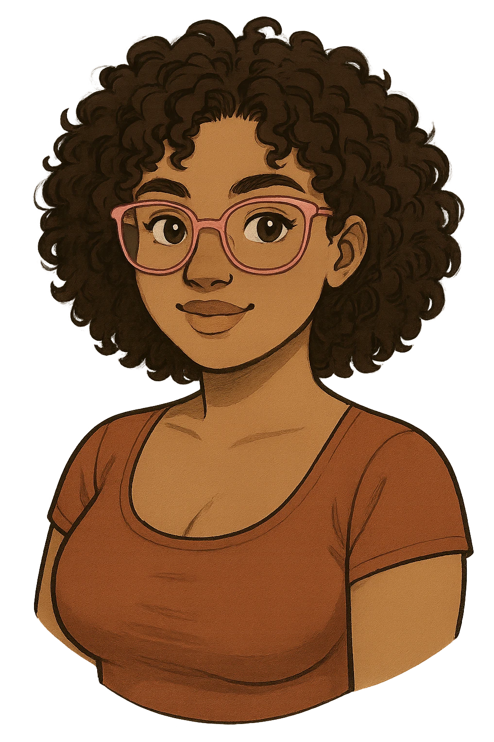 illustration of a character with curly hair, light brown skin, brown eyes, pink prescription glasses, busty emoji
