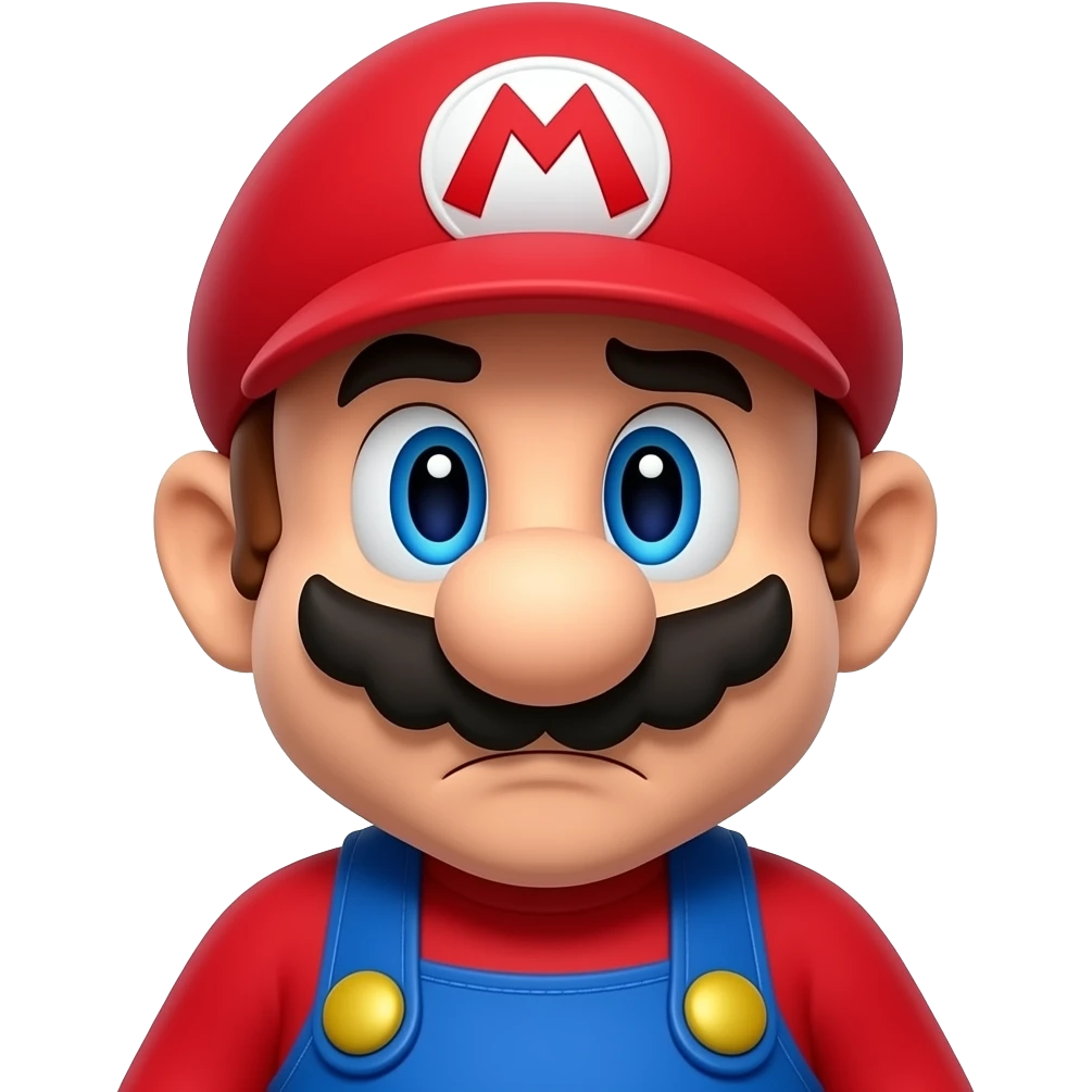 Super Mario with a dramatic close-up angle, emotional sad face, ultra clean 3D emoji render emoji