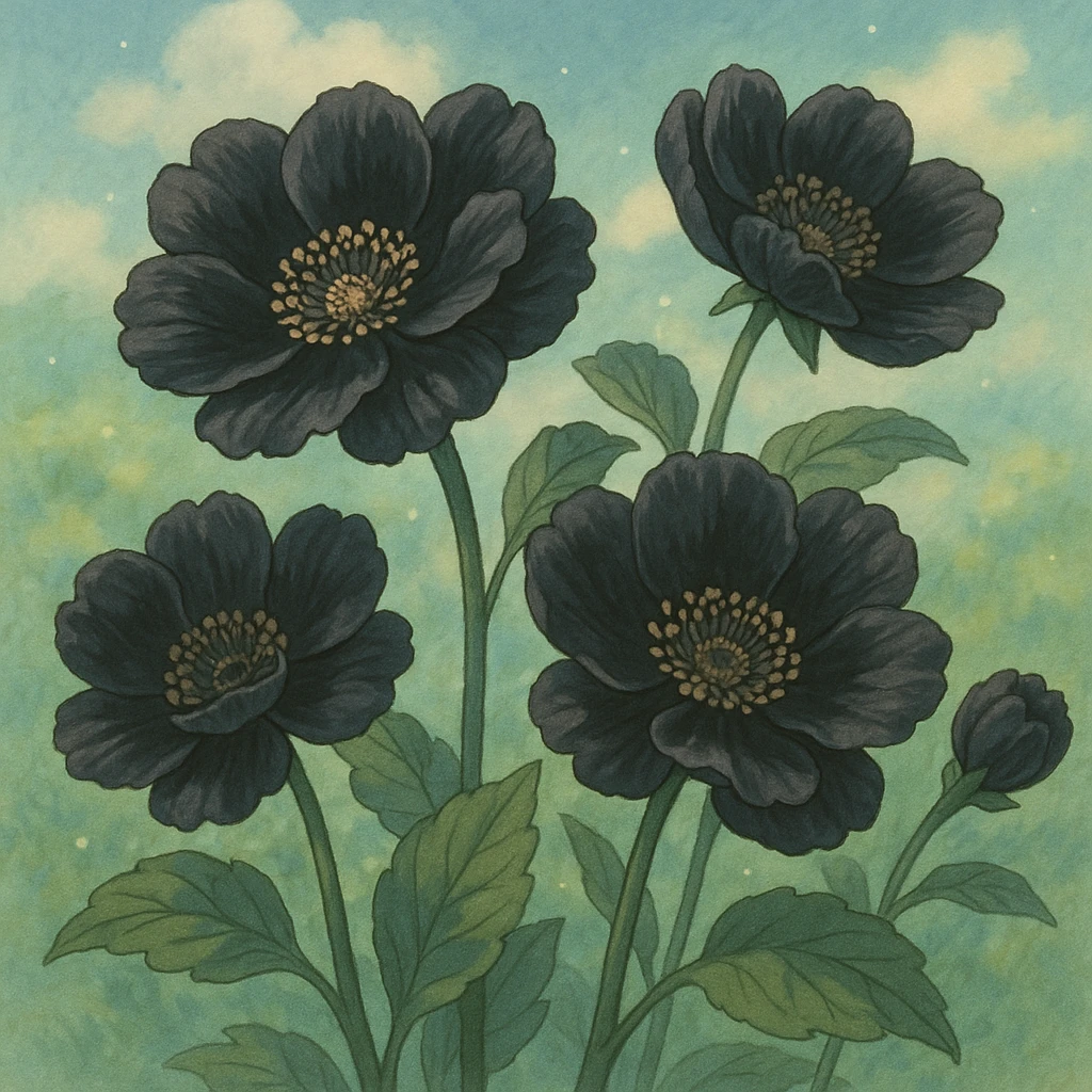 black flowers, ghibli style, detailed and soft emoji