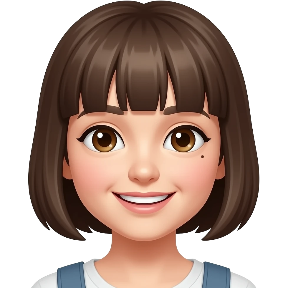 A girl with short hair and bangs is smiling. There is a small dot under the middle of her right eye. emoji