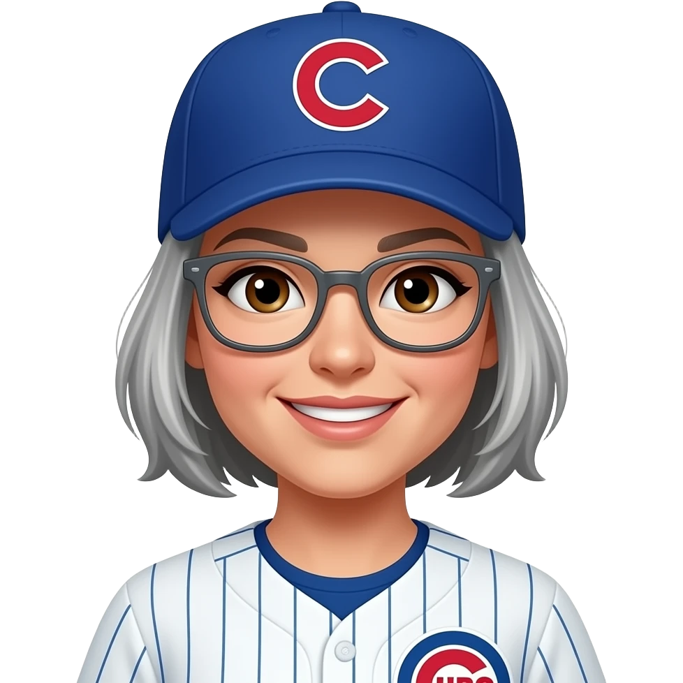 Female, short layered gray hair, brown eyes, gray glasses, mole by left eye, smile lines by mouth, cubs cap and uniform emoji