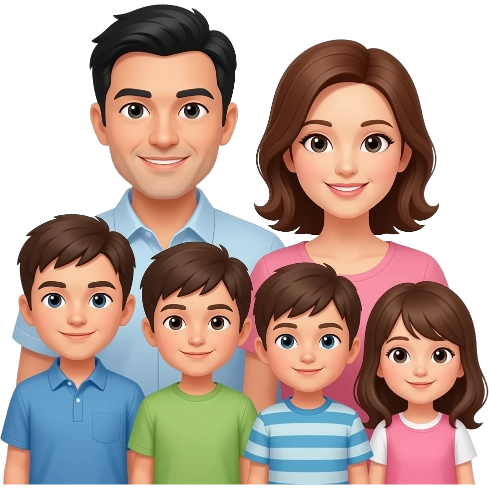 family of 6 white people (all with brown hair other than father with black hair) with 4 total kids. oldest brother is 30, next oldest is 20, next oldest is 15, and daughter is 10. emoji
