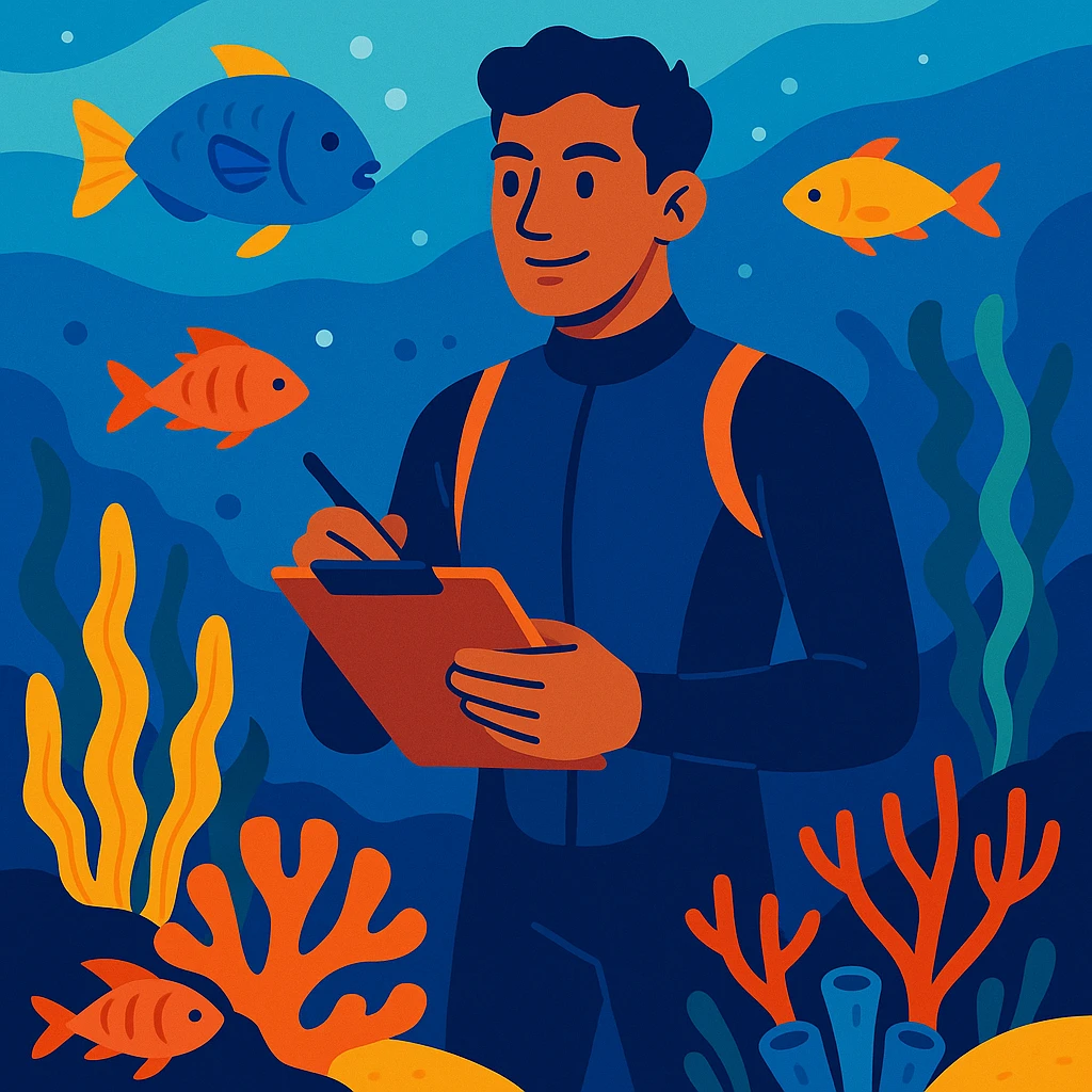 male marine conservationist in a wetsuit holding a clipboard surrounded by ocean life vibrant semi-realistic illustration style emoji