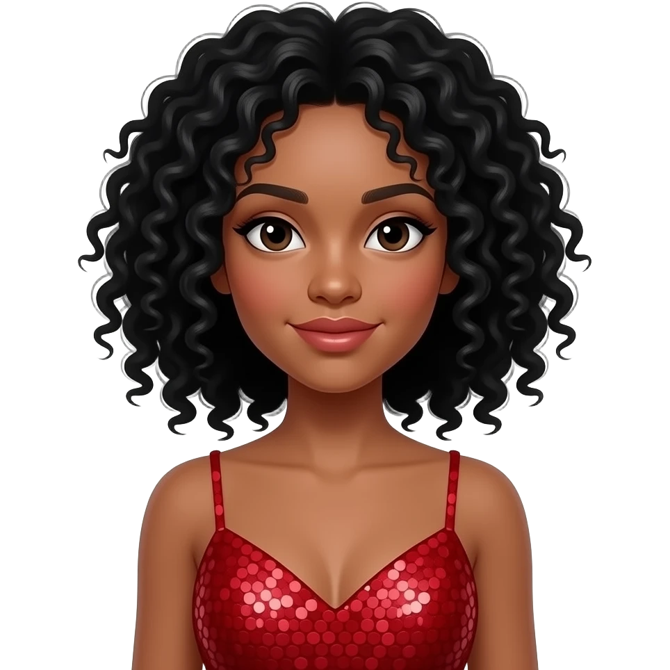 Fille au cheuveux bouclé noir avec une robe a paillettes rouge avec la peau clair emoji